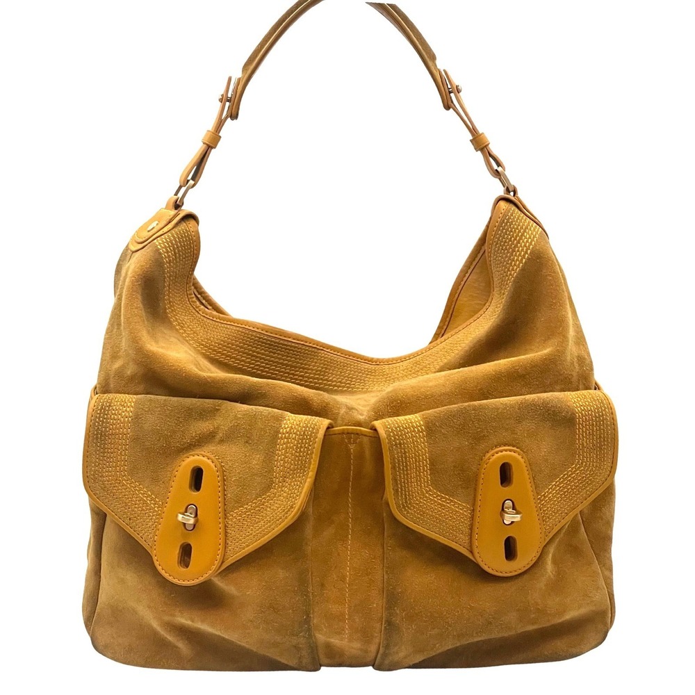VTG Y2K Cole Haan Yellow Suede Double Turnlock Slouch Hobo Shoulder Bag Patina